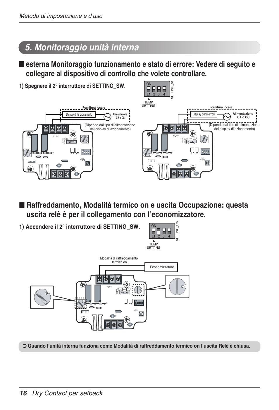 Monitoraggio unità interna, 16 dry contact per setback, Metodo di impostazione e d’uso | 1) spegnere il 2° interruttore di setting_sw, 1) accendere il 2° interruttore di setting_sw | LG Dry Contact Module - 2 Contact Points 5V & 12V from Indoor PCB Installation User Manual | Page 32 / 128