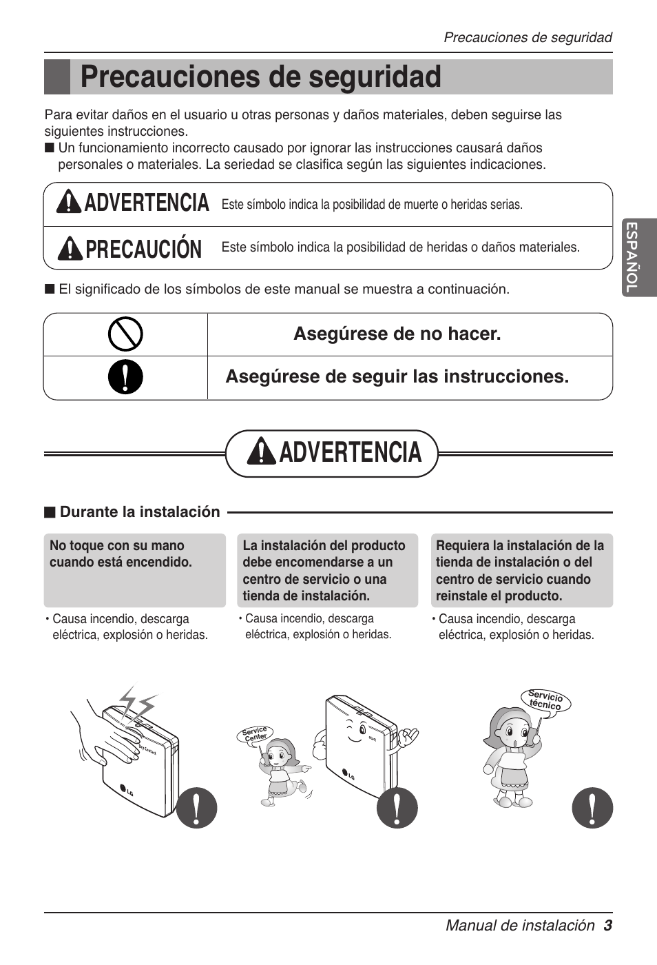 Precauciones de seguridad, Advertencia, Advertencia precaución | LG Dry Contact Module - 2 Contact Points 5V & 12V from Indoor PCB Installation User Manual | Page 35 / 128