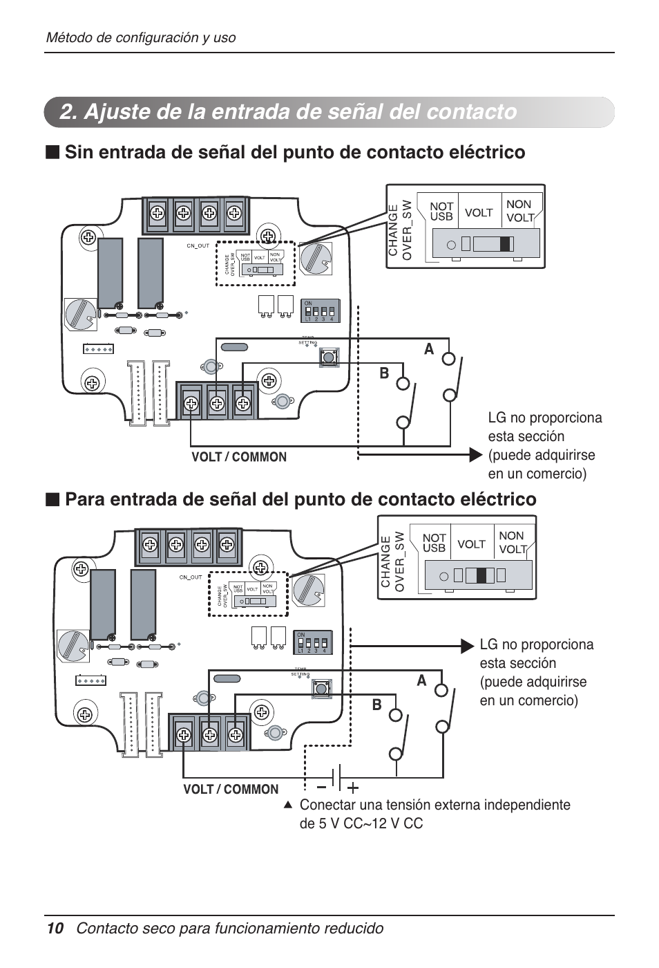 Ajuste de la entrada de señal del contacto | LG Dry Contact Module - 2 Contact Points 5V & 12V from Indoor PCB Installation User Manual | Page 42 / 128