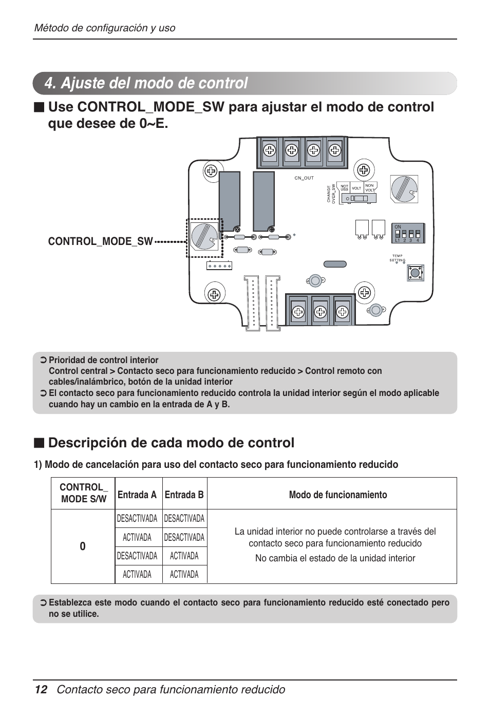 Ajuste del modo de control | LG Dry Contact Module - 2 Contact Points 5V & 12V from Indoor PCB Installation User Manual | Page 44 / 128
