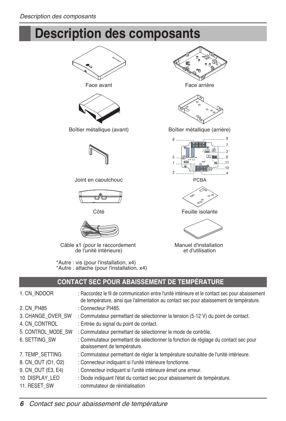 6contact sec pour abaissement de température, Contact sec pour abaissement de température, Description des composants | LG Dry Contact Module - 2 Contact Points 5V & 12V from Indoor PCB Installation User Manual | Page 54 / 128