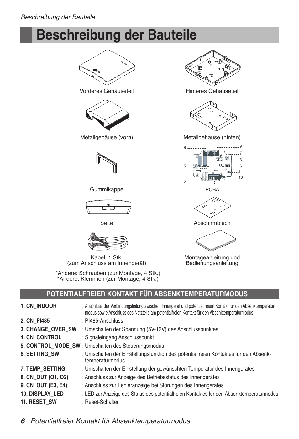 6potentialfreier kontakt für absenktemperaturmodus, Potentialfreier kontakt für absenktemperaturmodus, Beschreibung der bauteile | LG Dry Contact Module - 2 Contact Points 5V & 12V from Indoor PCB Installation User Manual | Page 70 / 128