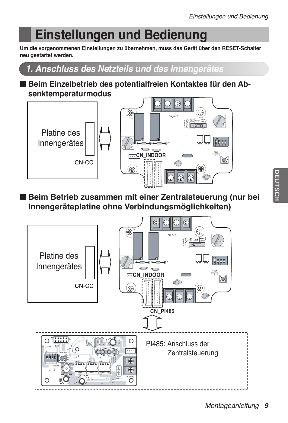 Einstellungen und bedienung, Anschluss des netzteils und des innengerätes, Platine des innengerätes | LG Dry Contact Module - 2 Contact Points 5V & 12V from Indoor PCB Installation User Manual | Page 73 / 128