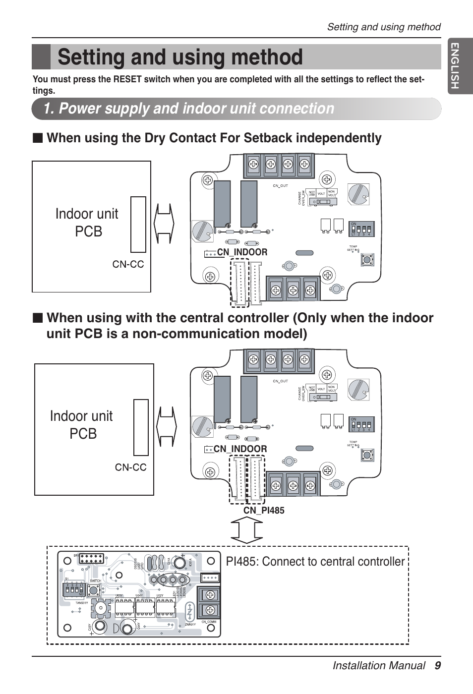 Setting and using method, Power supply and indoor unit connection, Indoor unit pcb indoor unit pcb | LG Dry Contact Module - 2 Contact Points 5V & 12V from Indoor PCB Installation User Manual | Page 9 / 128
