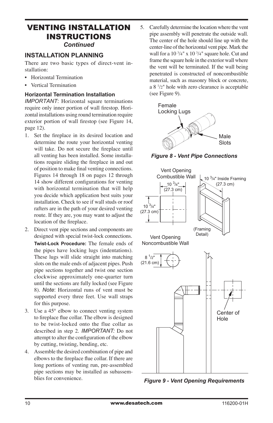 Venting installation instructions, Installation planning, Continued | Desa (V)VC36N Series User Manual | Page 10 / 44