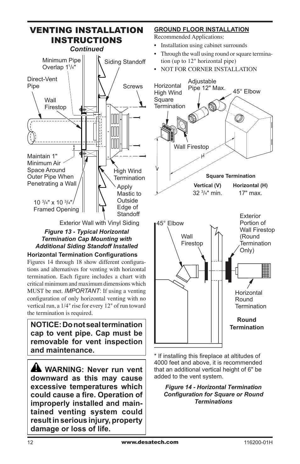 Venting installation instructions | Desa (V)VC36N Series User Manual | Page 12 / 44