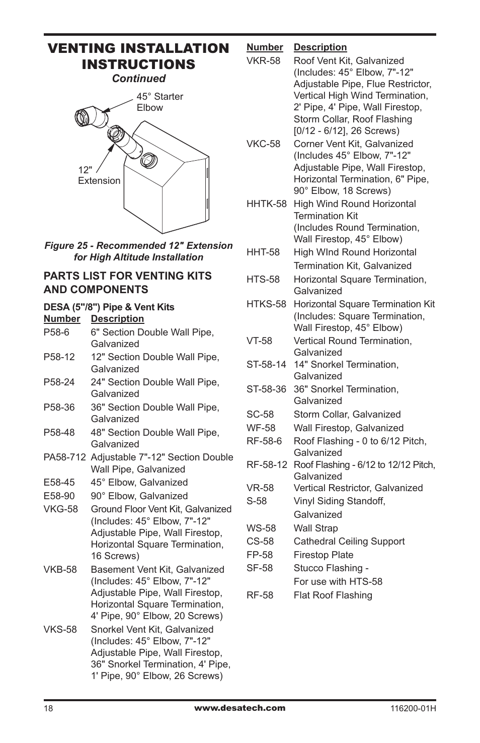 Venting installation instructions | Desa (V)VC36N Series User Manual | Page 18 / 44