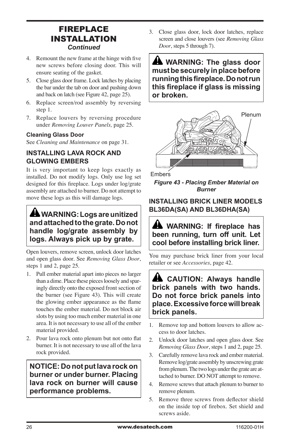 Fireplace installation | Desa (V)VC36N Series User Manual | Page 26 / 44
