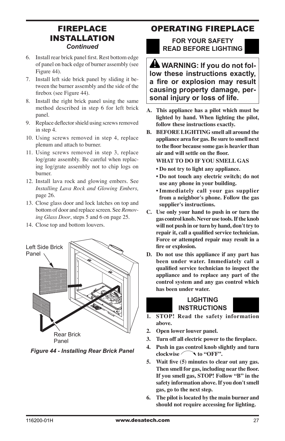 Operating fireplace, Fireplace installation | Desa (V)VC36N Series User Manual | Page 27 / 44