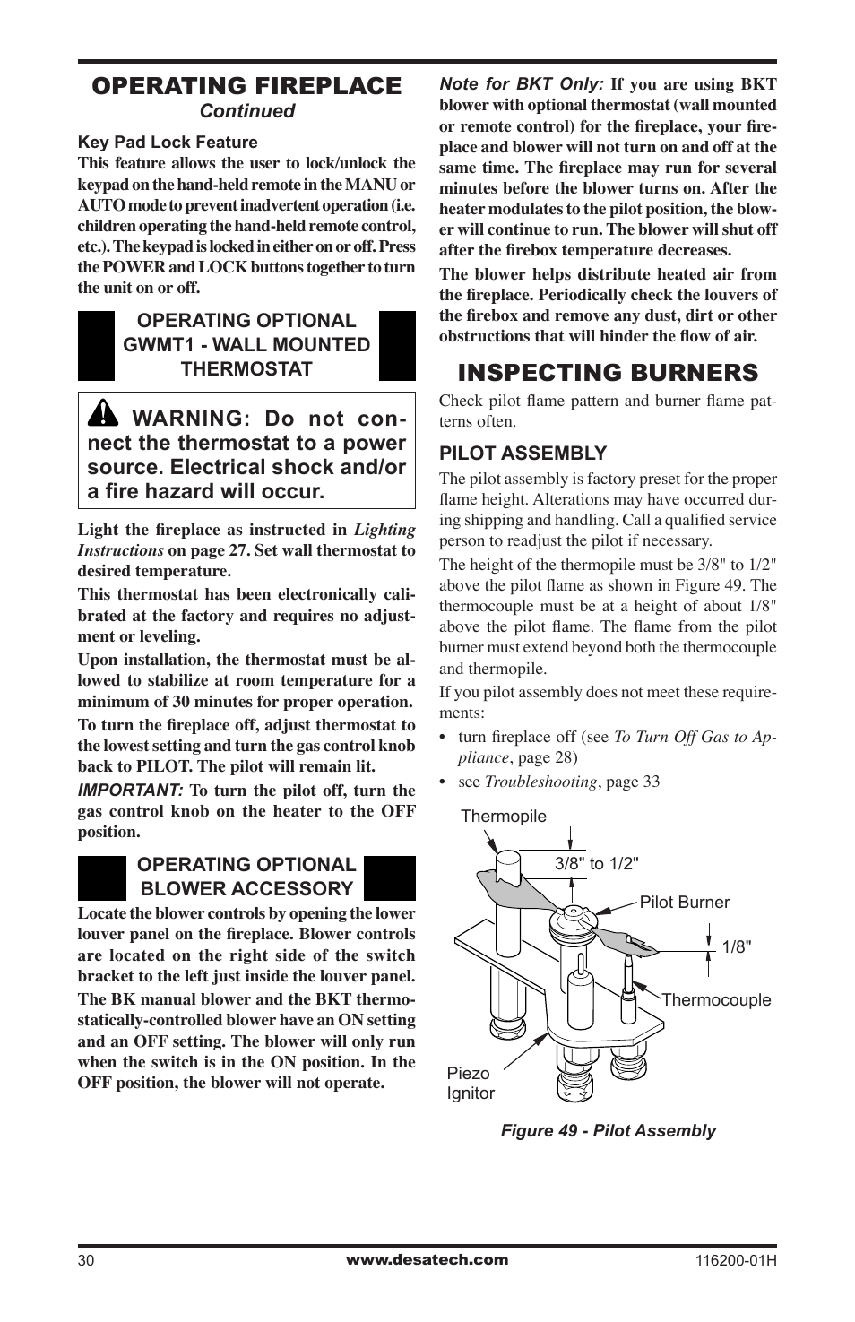 Inspecting burners, Operating fireplace | Desa (V)VC36N Series User Manual | Page 30 / 44