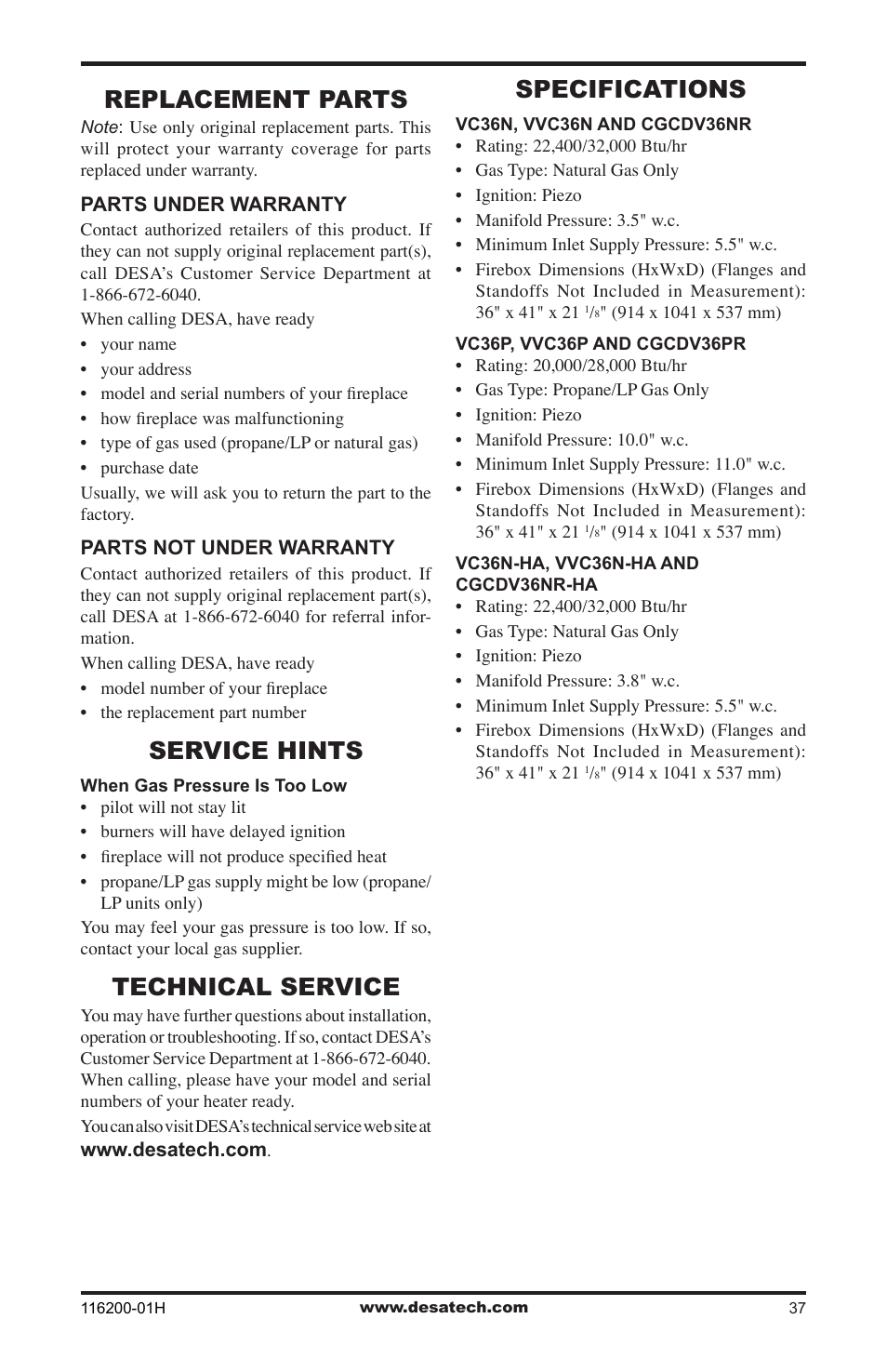 Replacement parts, Service hints, Technical service | Specifications | Desa (V)VC36N Series User Manual | Page 37 / 44