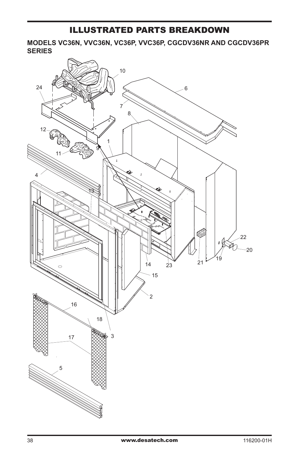 Illustrated parts breakdown and parts list, Illustrated parts breakdown | Desa (V)VC36N Series User Manual | Page 38 / 44