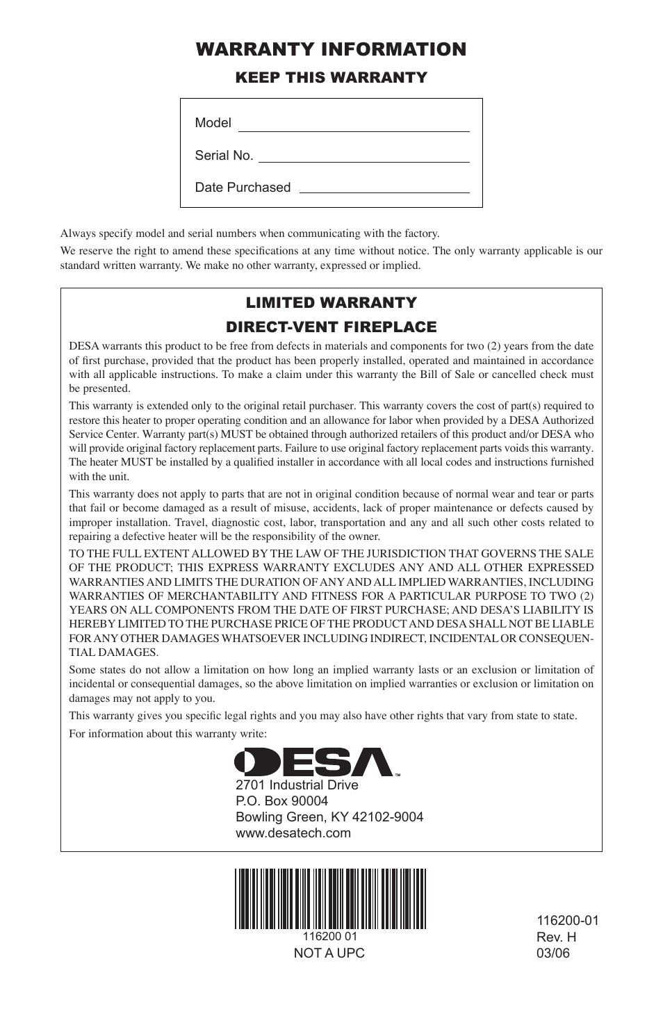 Warranty information, Keep this warranty, Limited warranty direct-vent fireplace | Desa (V)VC36N Series User Manual | Page 44 / 44
