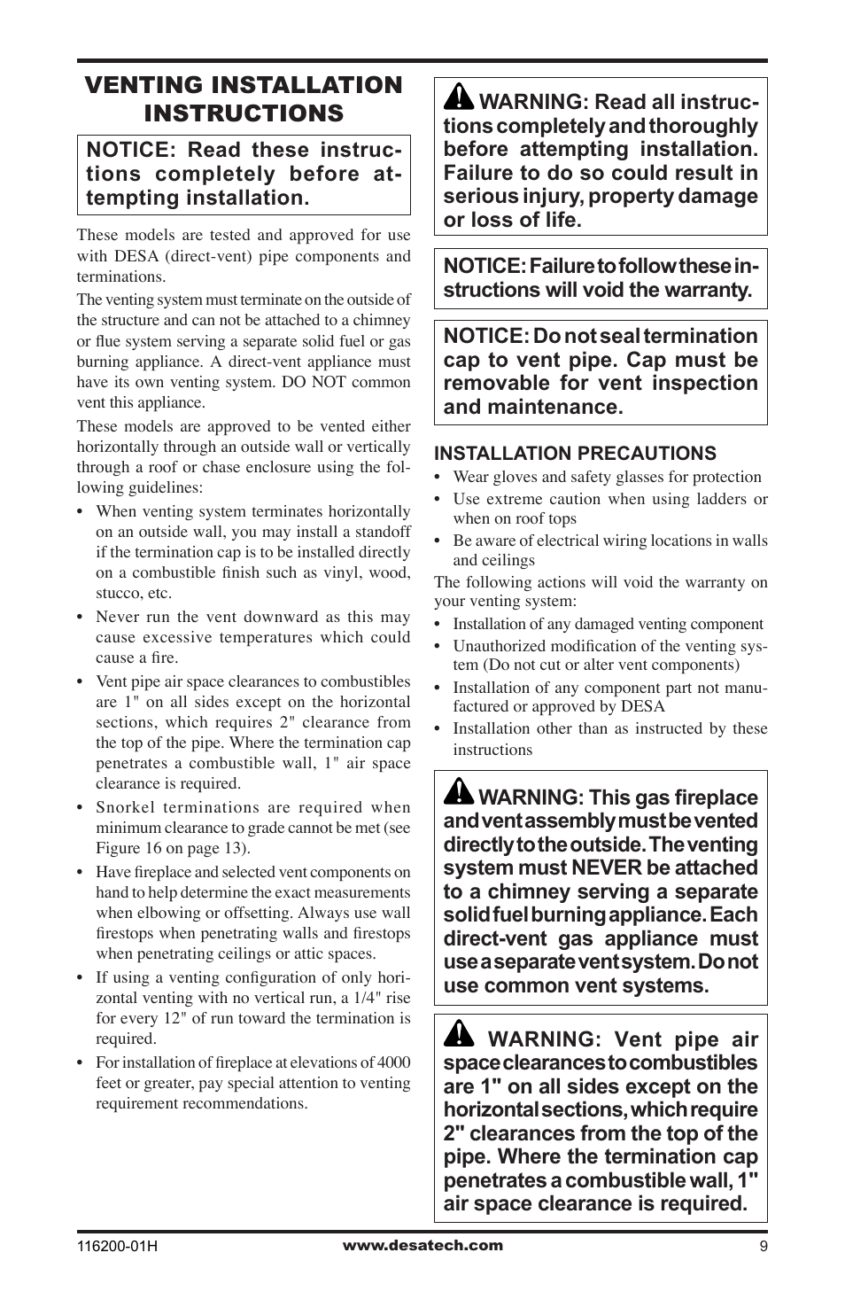 Venting installation instructions | Desa (V)VC36N Series User Manual | Page 9 / 44