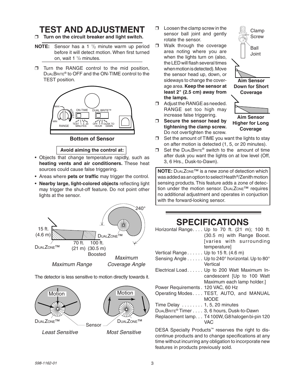 Specifications, Test and adjustment | Desa DUALBRITE SH-5597 User Manual | Page 3 / 8