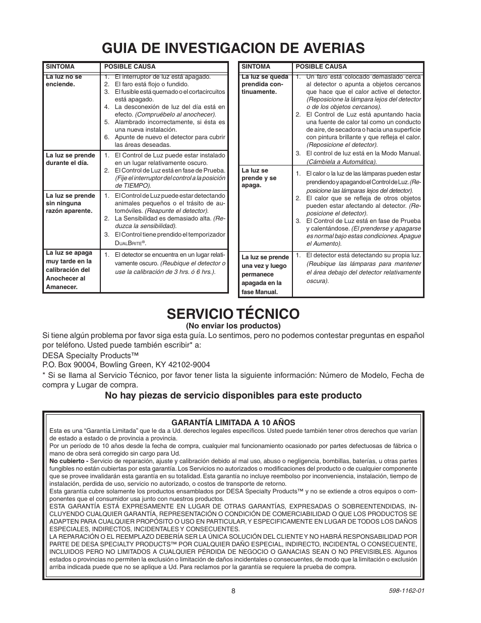 Guia de investigacion de averias, Servicio técnico | Desa DUALBRITE SH-5597 User Manual | Page 8 / 8