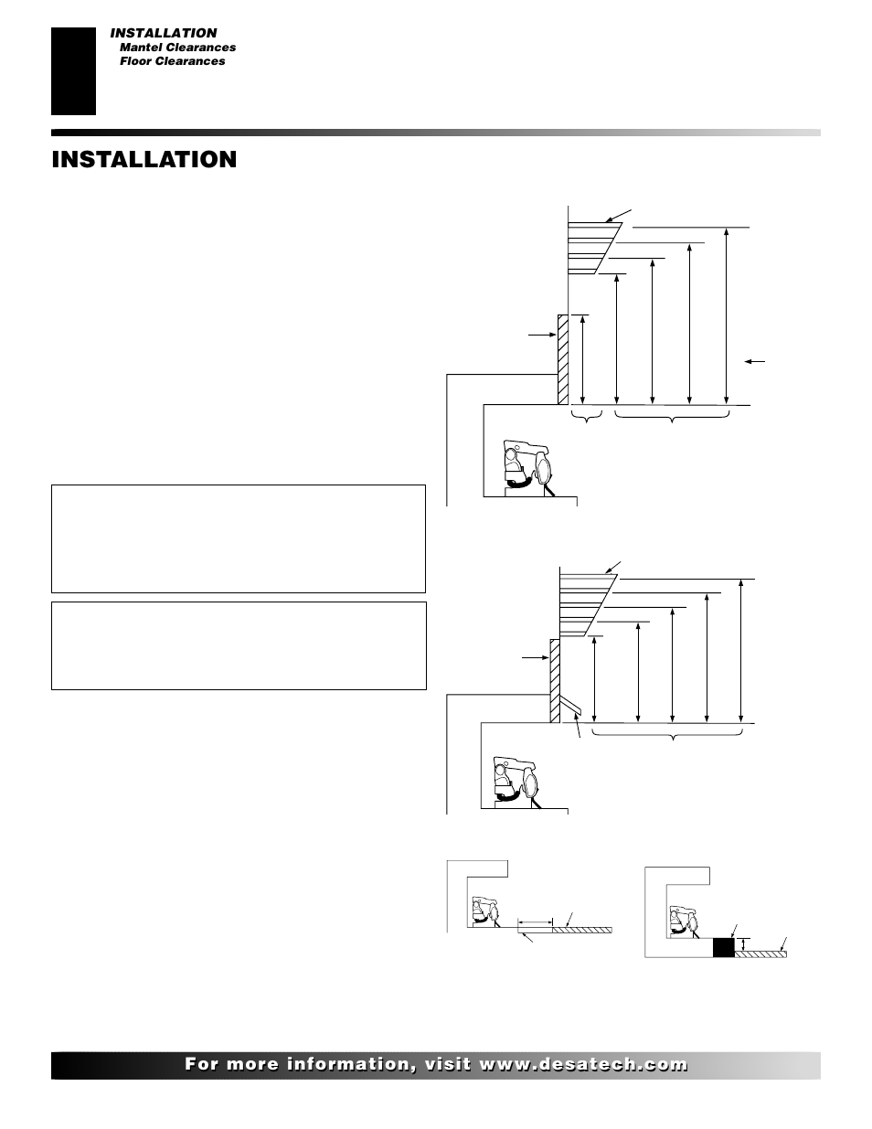 Installation, Continued, Mantel clearances | Floor clearances, Determining minimum mantel clearance | Desa CTB3924PR User Manual | Page 10 / 38