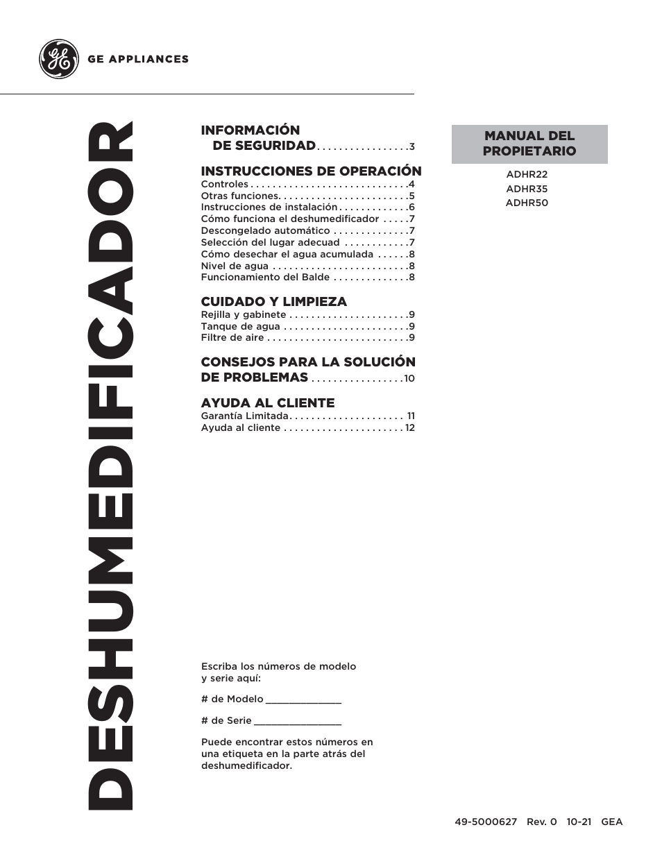 Deshumedificador | GE 35 Pint Capacity Portable Dehumidifier  Owners Guide User Manual | Page 13 / 24