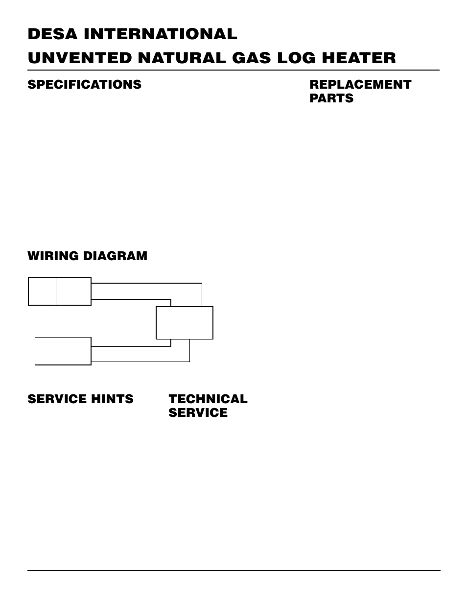 Unvented natural gas log heater desa international, Replacement parts, Technical service | Specifications, Wiring diagram service hints | Desa VS18NR User Manual | Page 22 / 26