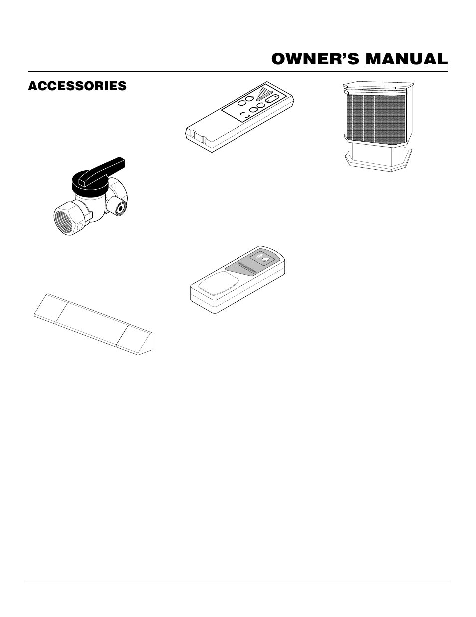 Owner’s manual, Accessories, Fireplace hood | Lava rock - ga6060, Damper clamp - ga6080, Manual shutoff valve - ga5010, Receiver and hand-held remote control kit - ghrc, Wall-mount on/off switch - gwms2, Wall-mount thermostat switch - gwms1, Vent-free logmate | Desa VS18NR User Manual | Page 23 / 26