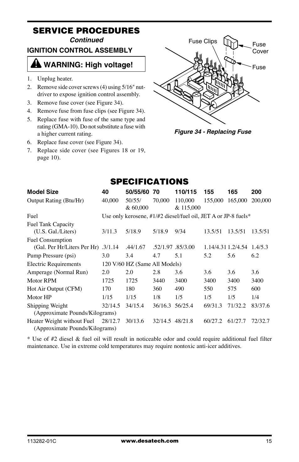 Specifications, Service procedures, Warning: high voltage | Desa BTU/HR User Manual | Page 15 / 32