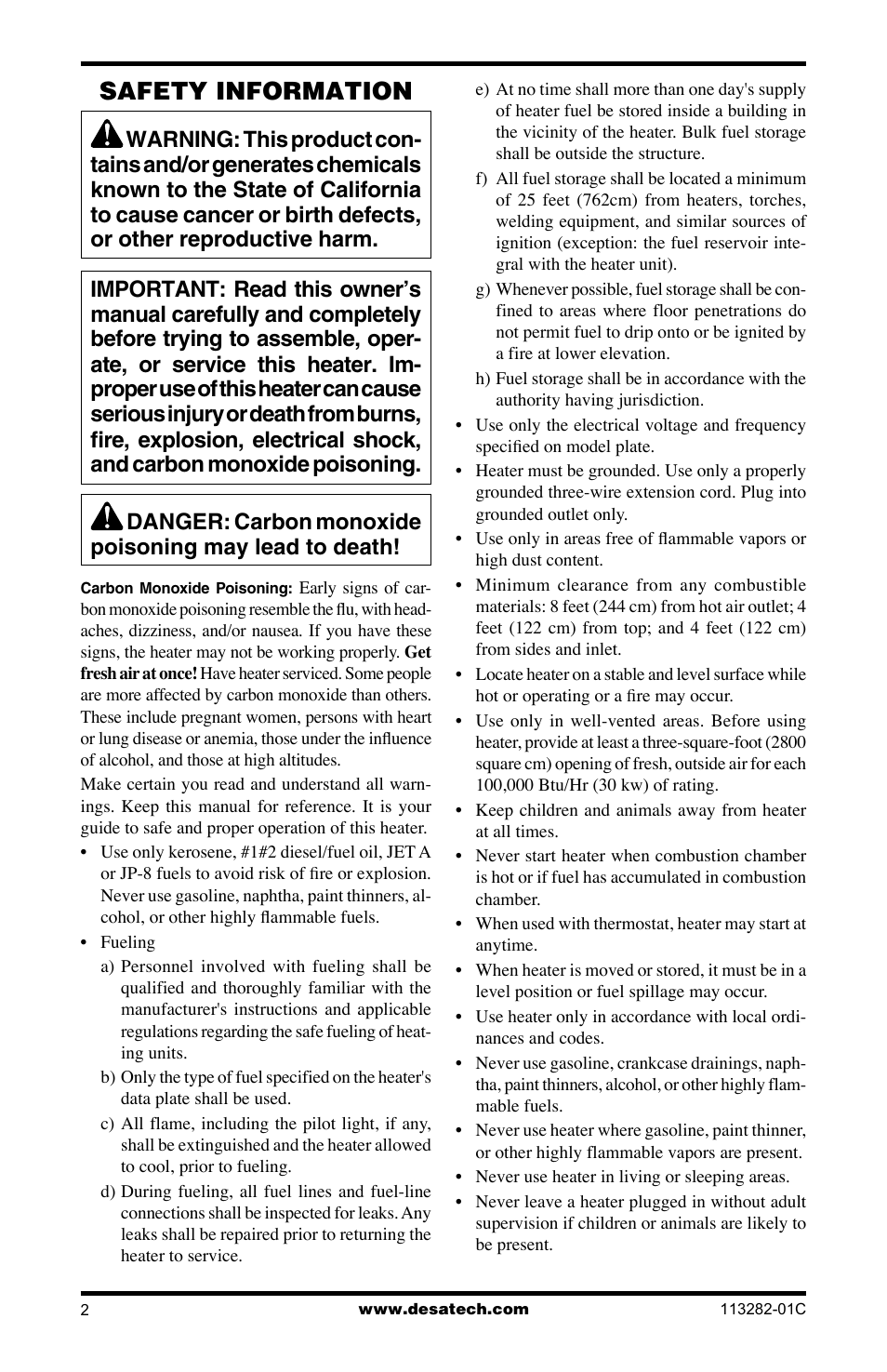 Safety information | Desa BTU/HR User Manual | Page 2 / 32