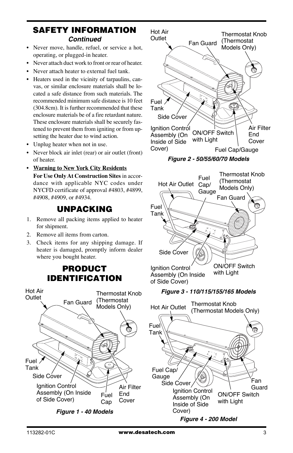 Unpacking, Product identification, Product identification safety information | Desa BTU/HR User Manual | Page 3 / 32