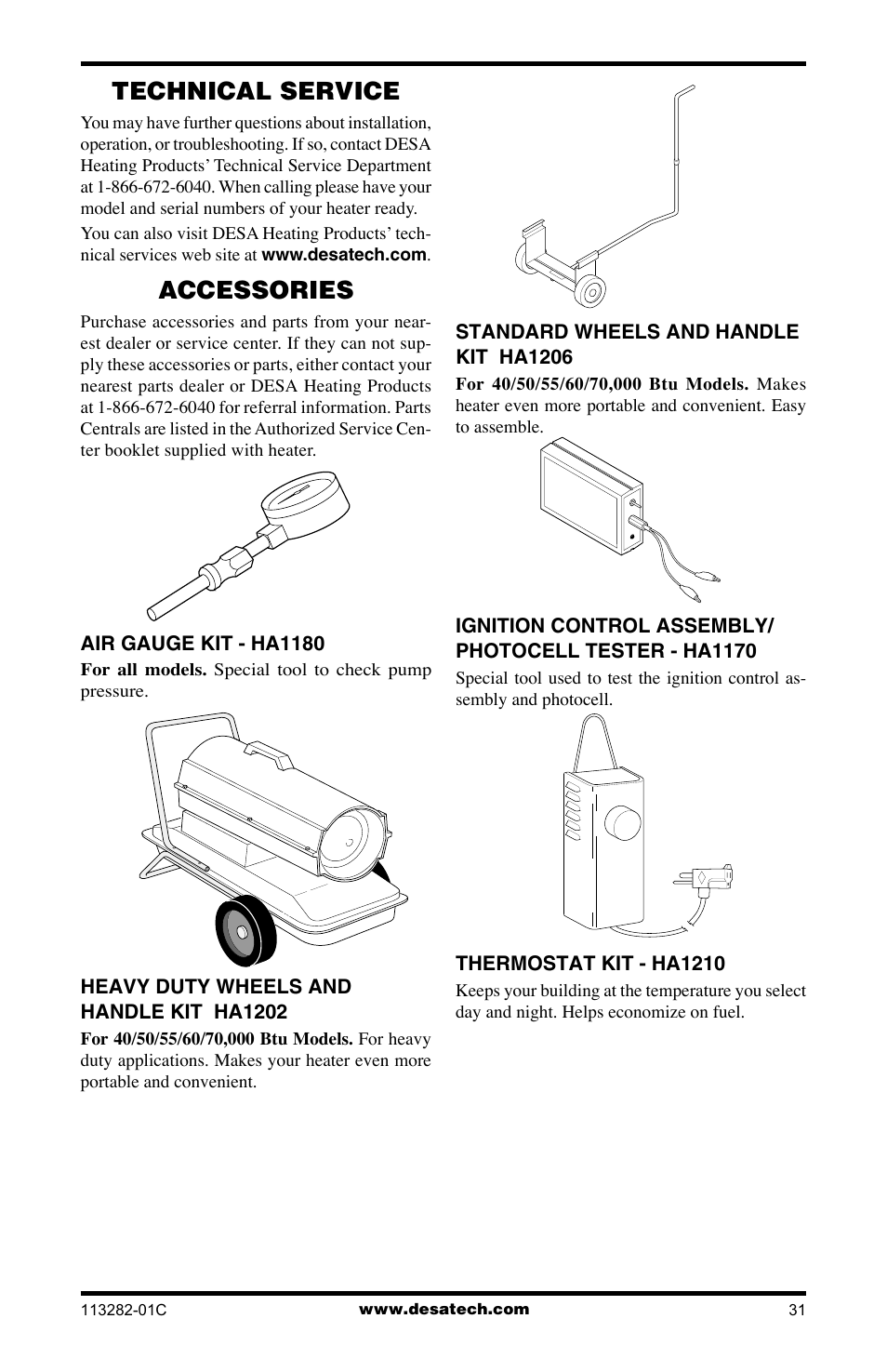 Technical service, Accessories | Desa BTU/HR User Manual | Page 31 / 32