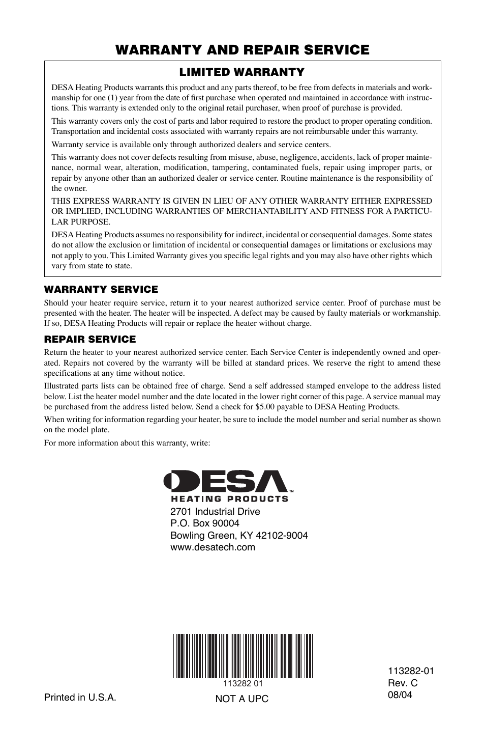 Warranty and repair service | Desa BTU/HR User Manual | Page 32 / 32