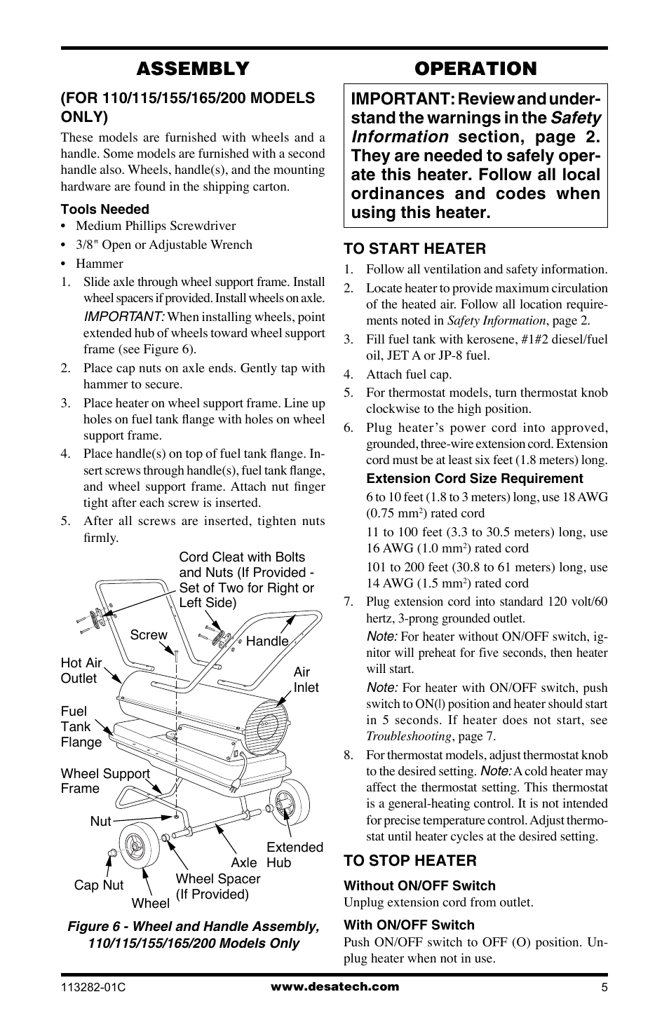 Assembly, Operation | Desa BTU/HR User Manual | Page 5 / 32