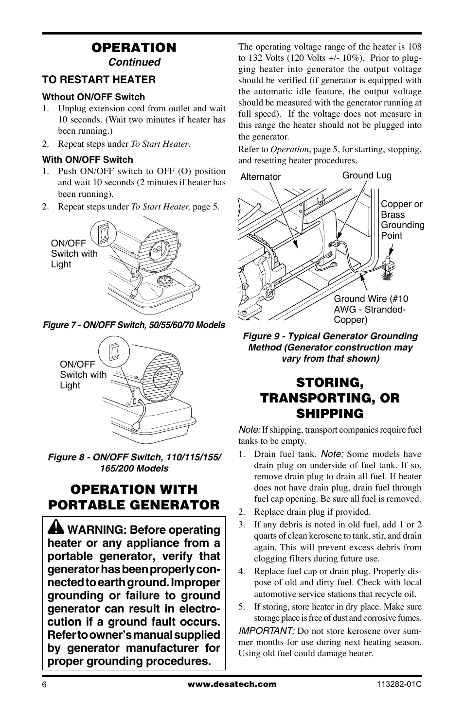 Operation with portable generator, Storing, transporting, or shipping, Operation | Desa BTU/HR User Manual | Page 6 / 32