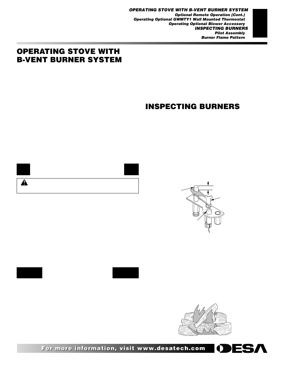 Inspecting burners, Operating stove with b-vent burner system, Continued | Desa SBVBN(D) User Manual | Page 21 / 36