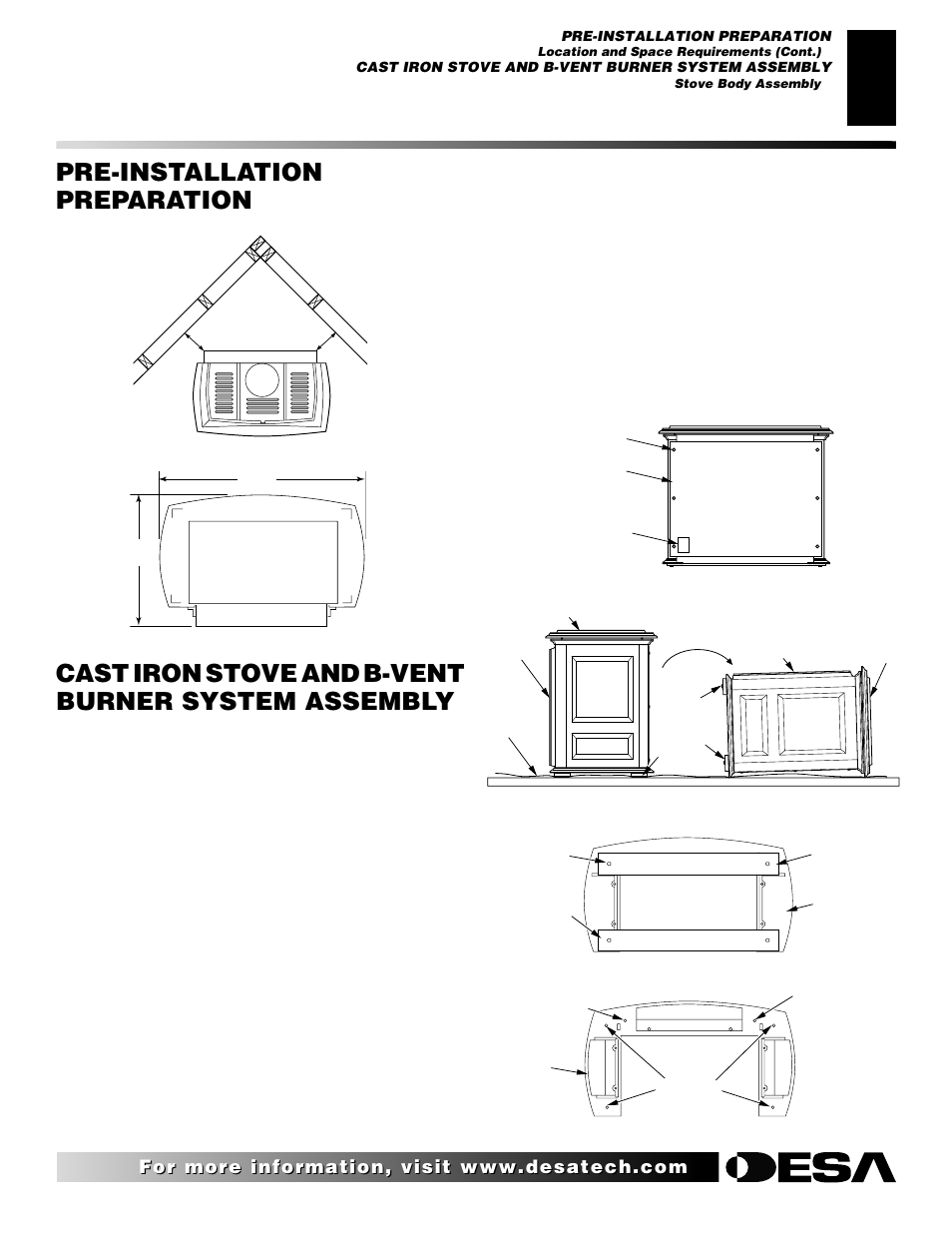 Pre-installation preparation, Cast iron stove and b-vent burner system assembly, Continued | Stove body assembly | Desa SBVBN(D) User Manual | Page 5 / 36