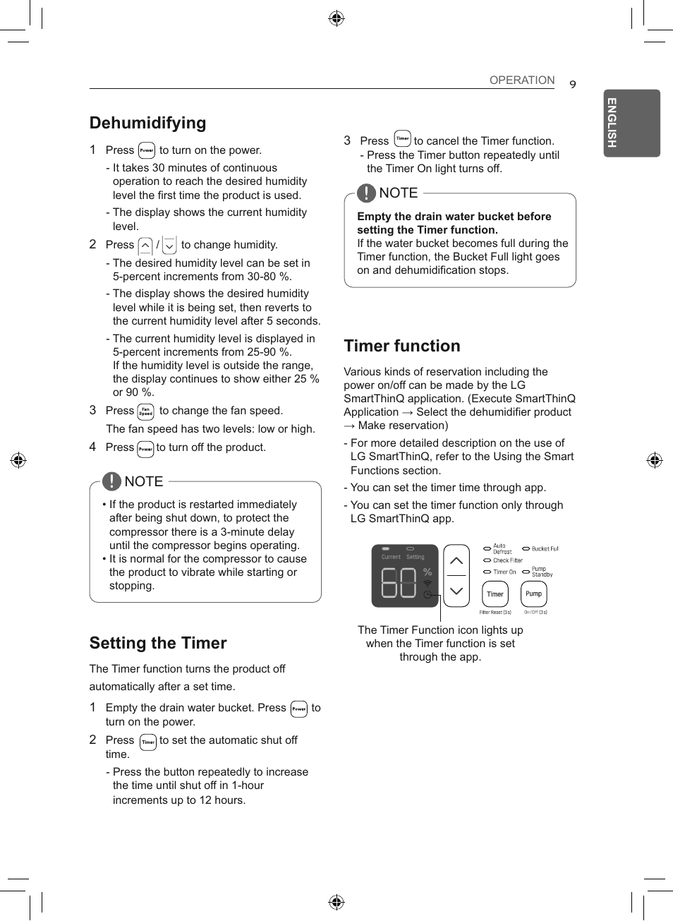 Dehumidifying, Setting the timer, Timer function | LG 50 Pint Smart Dehumidifier  Owner's Manual User Manual | Page 10 / 79