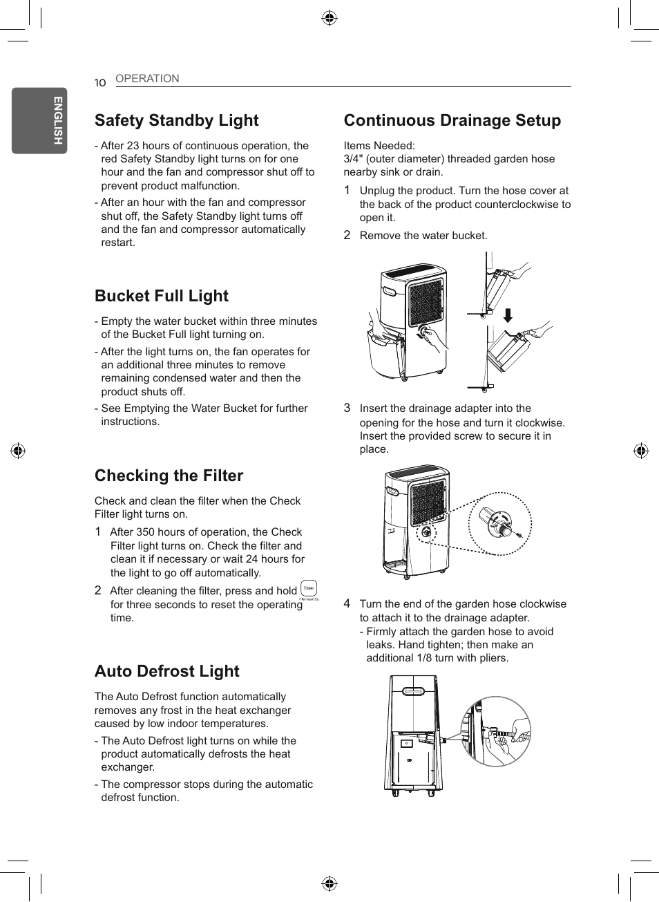 Safety standby light, Bucket full light, Checking the filter | Auto defrost light, Continuous drainage setup | LG 50 Pint Smart Dehumidifier  Owner's Manual User Manual | Page 11 / 79