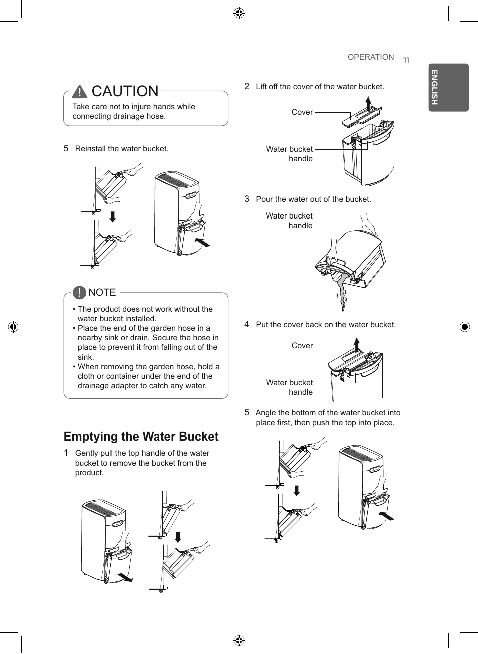 Caution, Emptying the water bucket | LG 50 Pint Smart Dehumidifier  Owner's Manual User Manual | Page 12 / 79