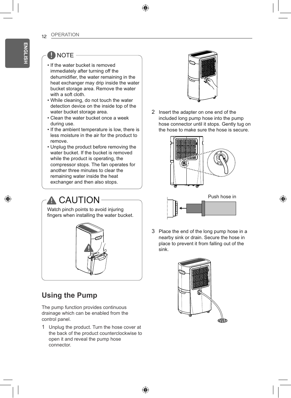 Caution, Using the pump | LG 50 Pint Smart Dehumidifier  Owner's Manual User Manual | Page 13 / 79