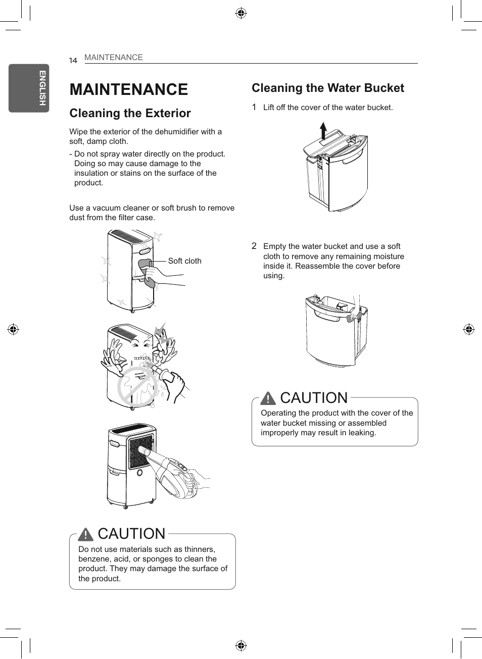Maintenance, Caution, Cleaning the exterior | Cleaning the water bucket | LG 50 Pint Smart Dehumidifier  Owner's Manual User Manual | Page 15 / 79