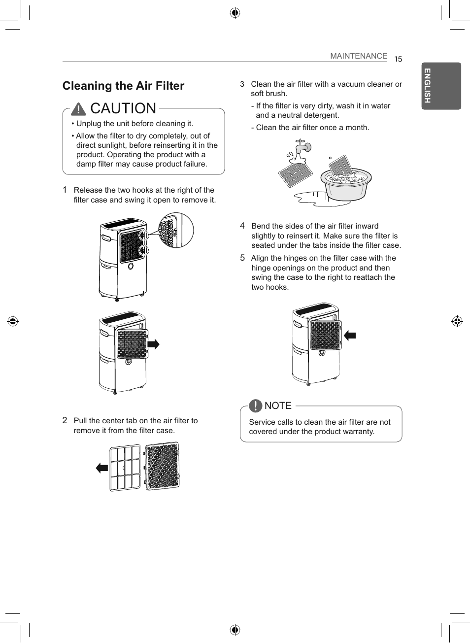 Caution, Cleaning the air filter | LG 50 Pint Smart Dehumidifier  Owner's Manual User Manual | Page 16 / 79