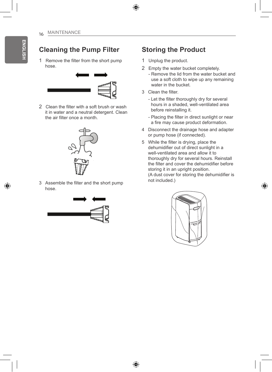 Cleaning the pump filter, Storing the product | LG 50 Pint Smart Dehumidifier  Owner's Manual User Manual | Page 17 / 79