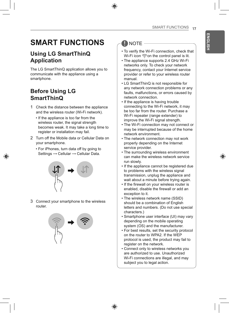 Smart functions, Using lg smartthinq application, Before using lg smartthinq | LG 50 Pint Smart Dehumidifier  Owner's Manual User Manual | Page 18 / 79