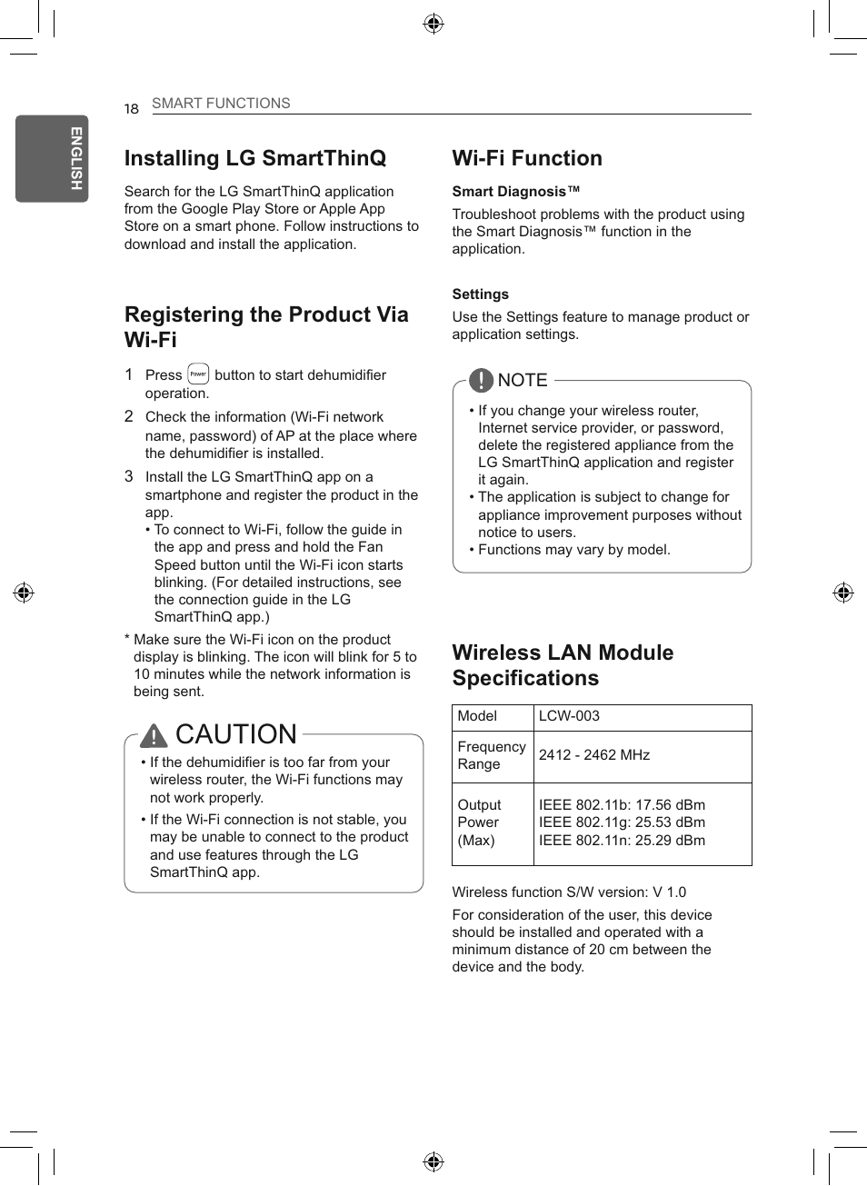 Caution, Installing lg smartthinq, Registering the product via wi-fi | Wi-fi function, Wireless lan module specifications | LG 50 Pint Smart Dehumidifier  Owner's Manual User Manual | Page 19 / 79