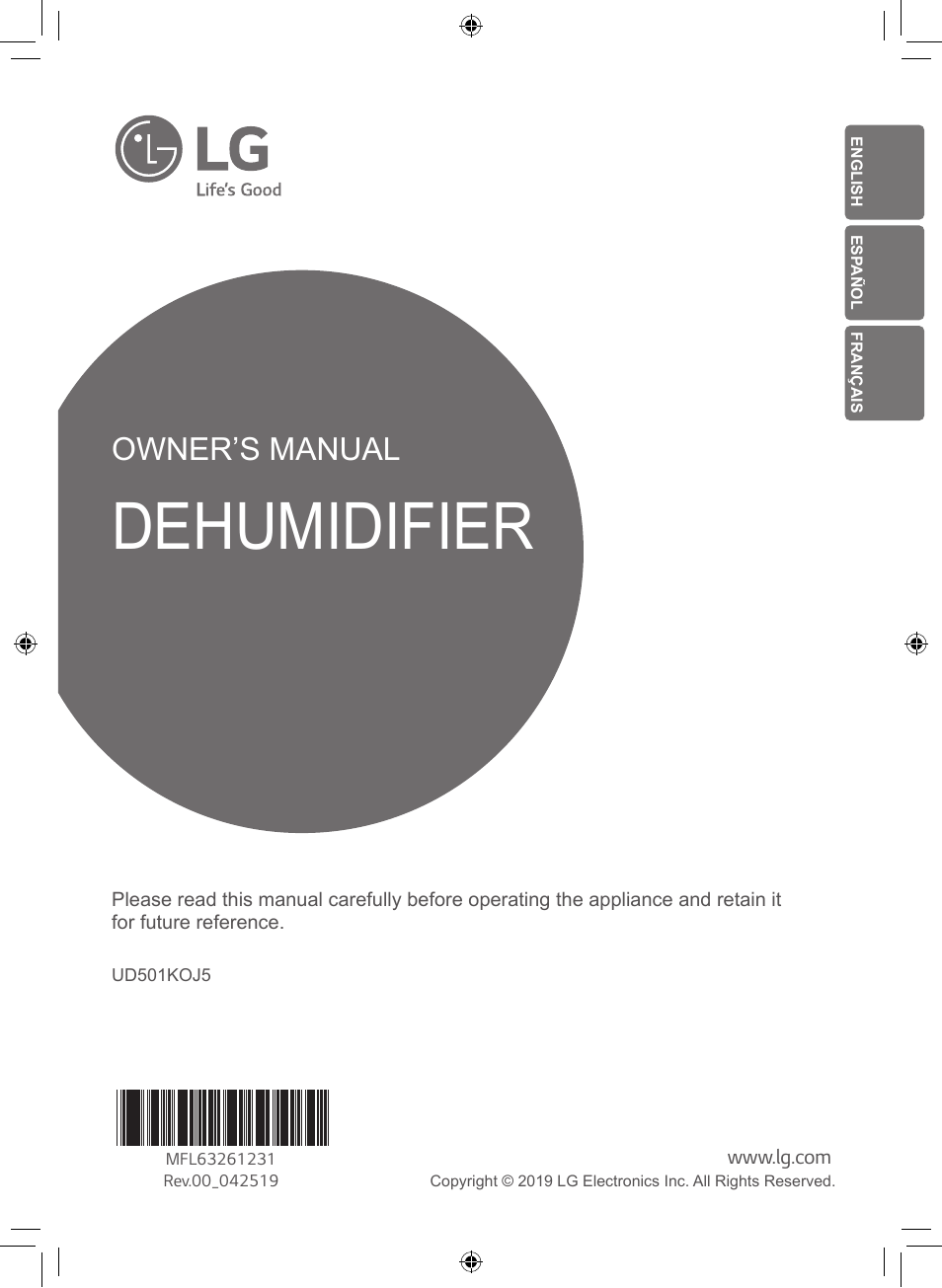 Dehumidifier, Owner’s manual | LG 50 Pint Smart Dehumidifier  Owner's Manual User Manual | Page 2 / 79