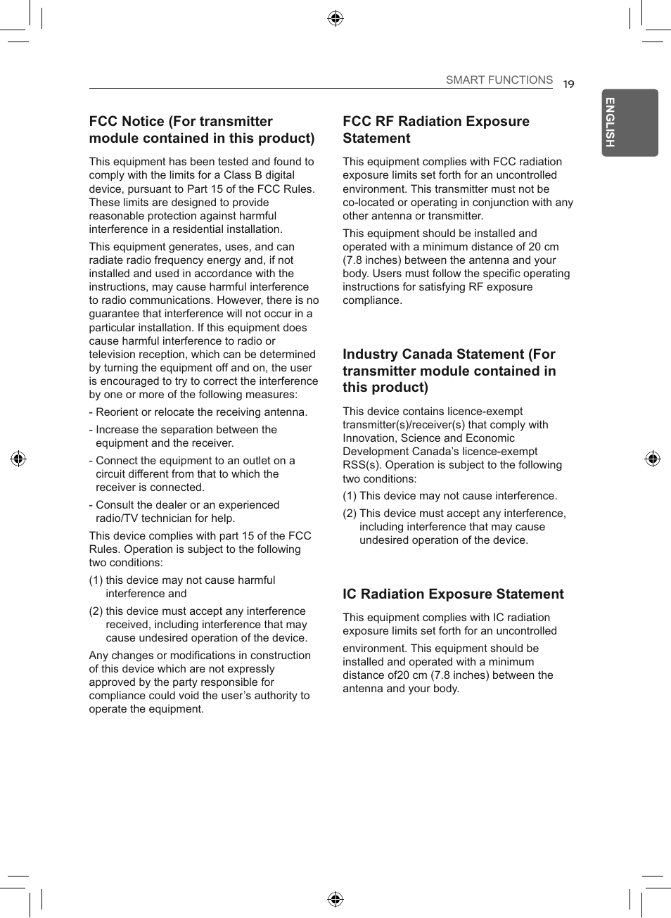 Fcc rf radiation exposure statement, Ic radiation exposure statement | LG 50 Pint Smart Dehumidifier  Owner's Manual User Manual | Page 20 / 79