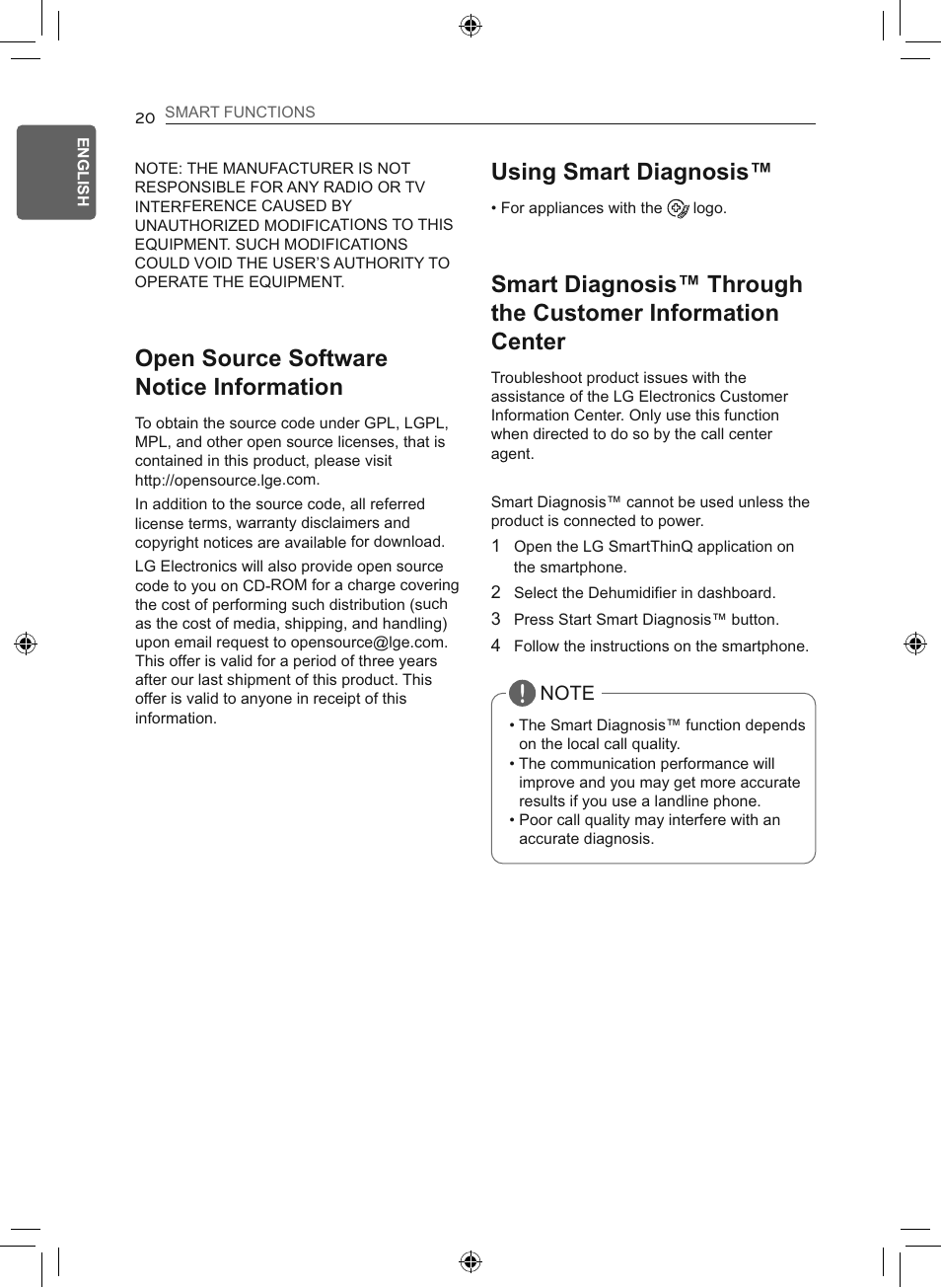 Using smart diagnosis, Open source software notice information | LG 50 Pint Smart Dehumidifier  Owner's Manual User Manual | Page 21 / 79