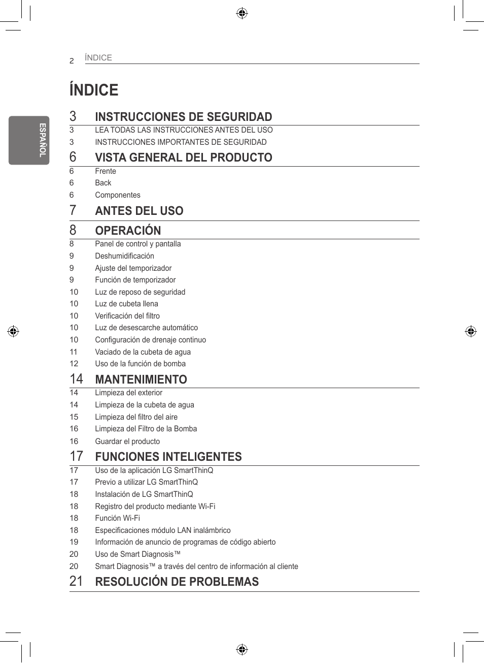 Índice, Instrucciones de seguridad, Vista general del producto | Antes del uso, Operación, Mantenimiento, Funciones inteligentes, Resolución de problemas | LG 50 Pint Smart Dehumidifier  Owner's Manual User Manual | Page 31 / 79