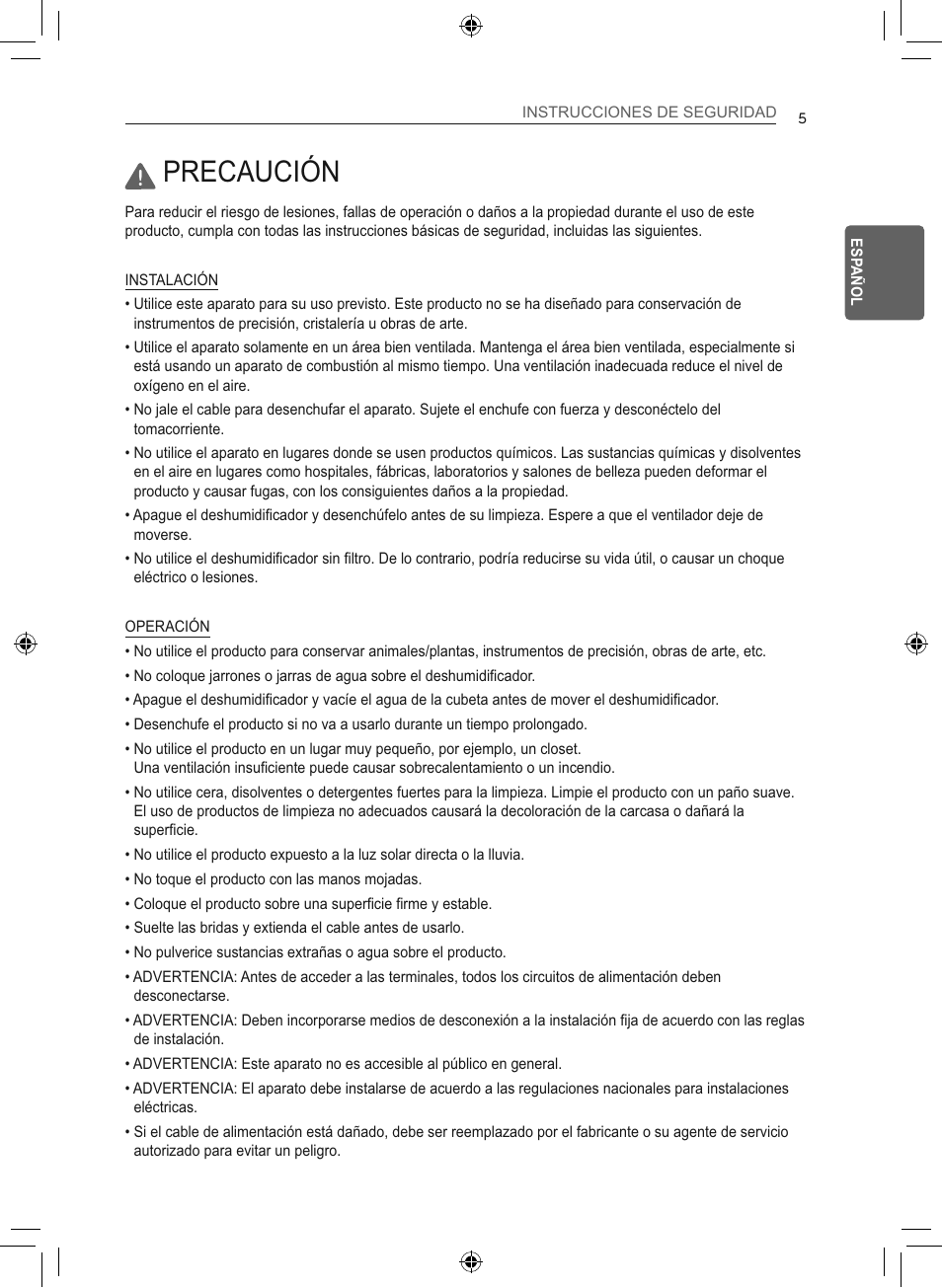 Precaución | LG 50 Pint Smart Dehumidifier  Owner's Manual User Manual | Page 34 / 79