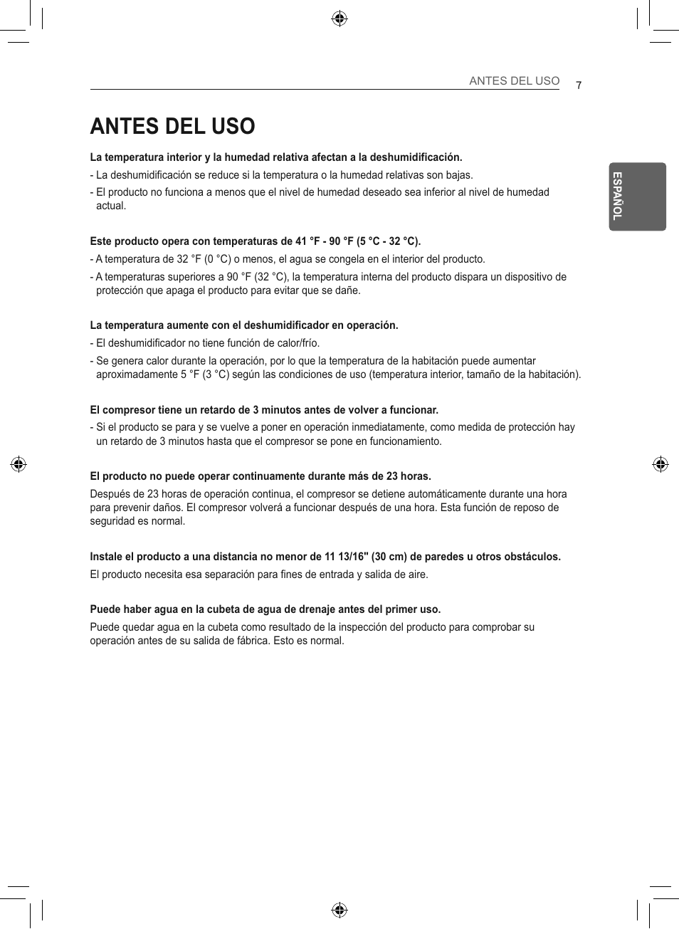 Antes del uso | LG 50 Pint Smart Dehumidifier  Owner's Manual User Manual | Page 36 / 79