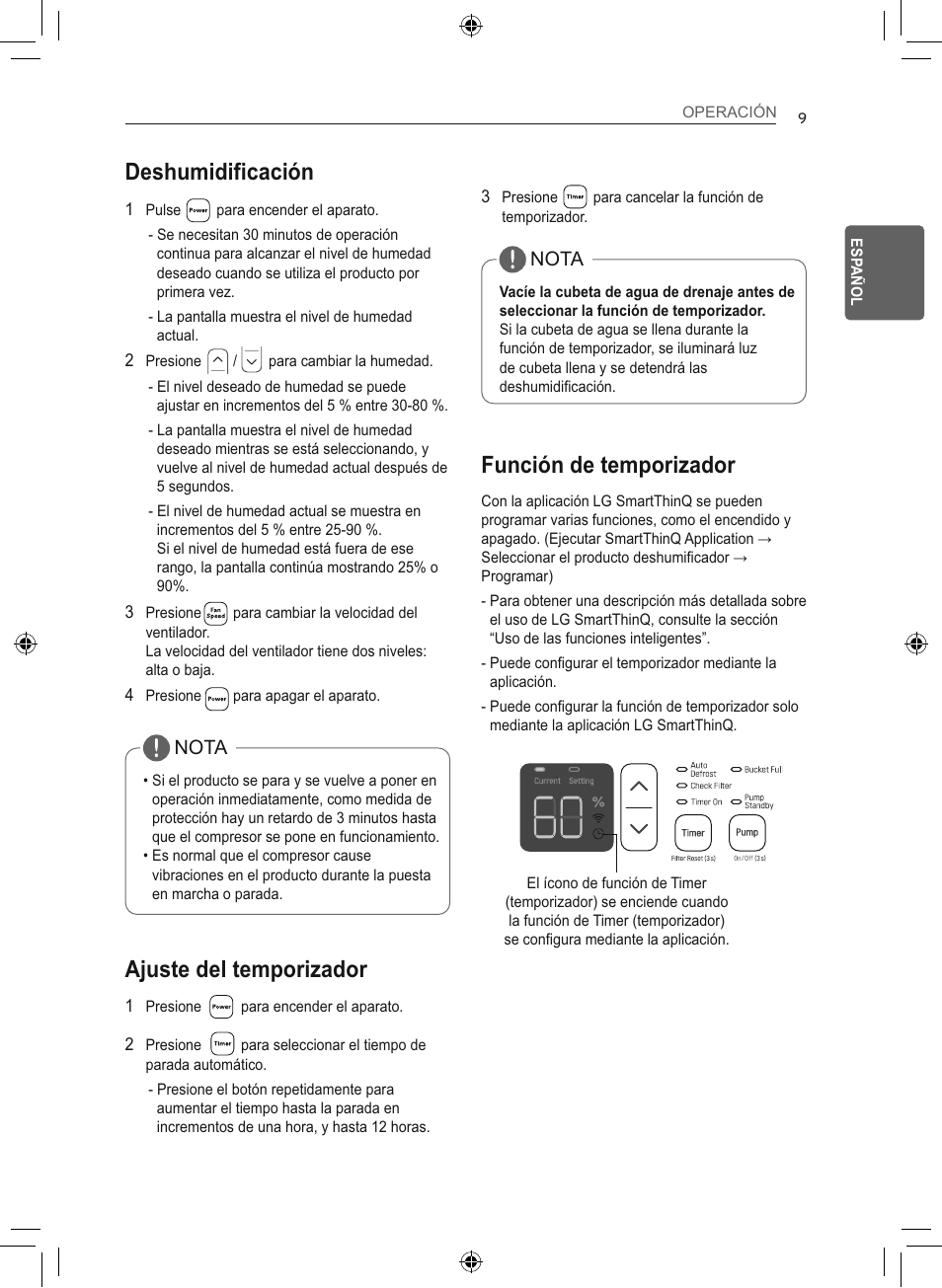 Deshumidificación, Ajuste del temporizador, Función de temporizador | LG 50 Pint Smart Dehumidifier  Owner's Manual User Manual | Page 38 / 79