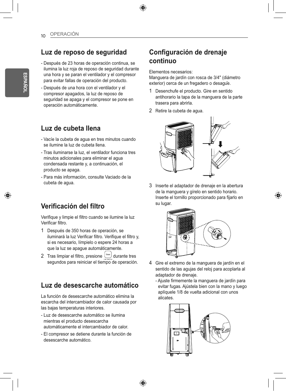 Luz de reposo de seguridad, Luz de cubeta llena, Verificación del filtro | Luz de desescarche automático, Configuración de drenaje continuo | LG 50 Pint Smart Dehumidifier  Owner's Manual User Manual | Page 39 / 79